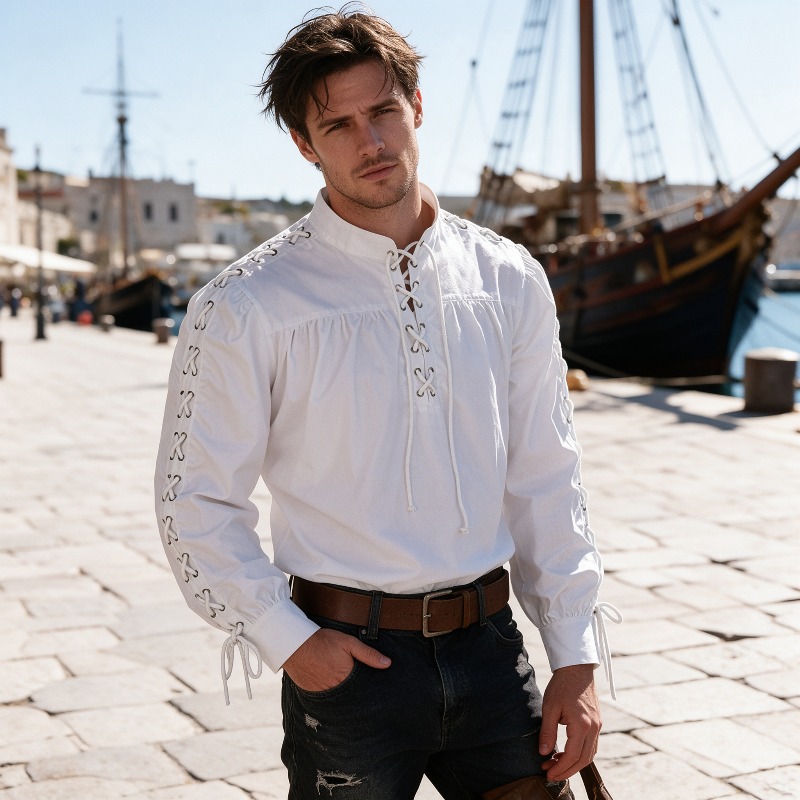 Medieval Gothic Lace Up Pirate Shirt - Erkekler için Orta Çağ Korsan Tarzı