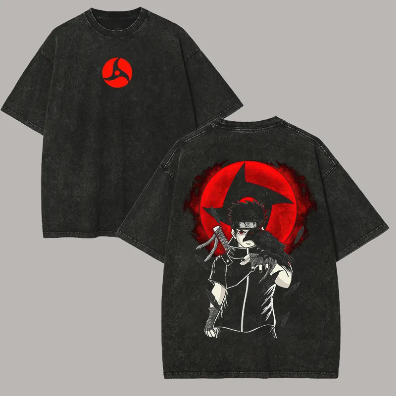 Acid Wash Vintage Graphic T Shirt - Naruto Shisui Uchiha Tişörtü, Mangekyo Sharingan