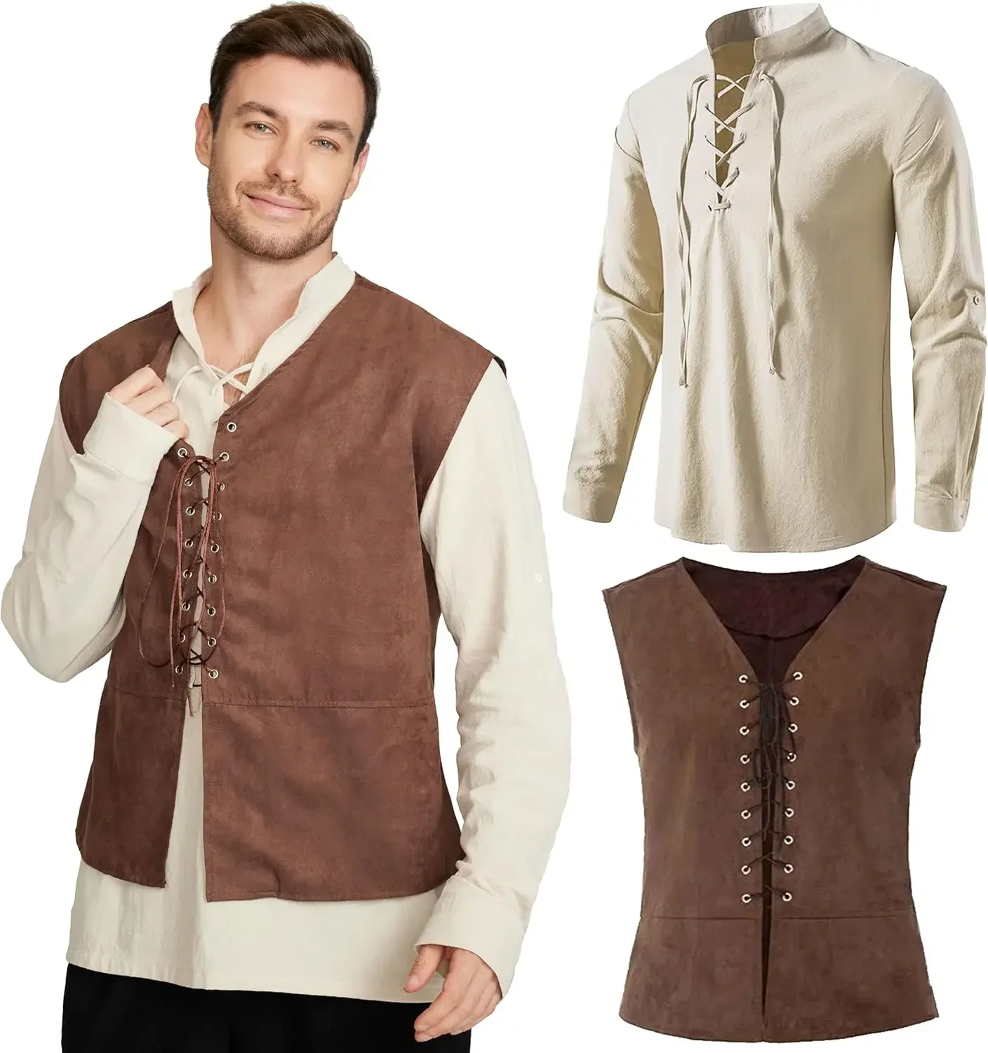 Medieval Gothic Lace Up Pirate Shirt - 2 Parçalı Set Erkek Orta Çağ