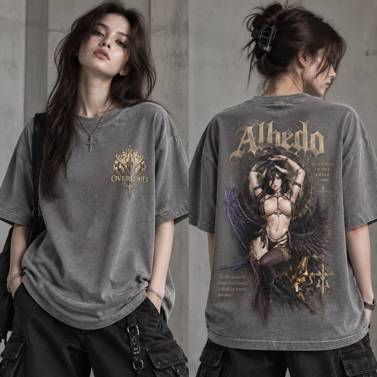 Acid Wash Vintage Graphic T Shirt - Albedo Overlord Baskılı Tişört, Çift Taraflı