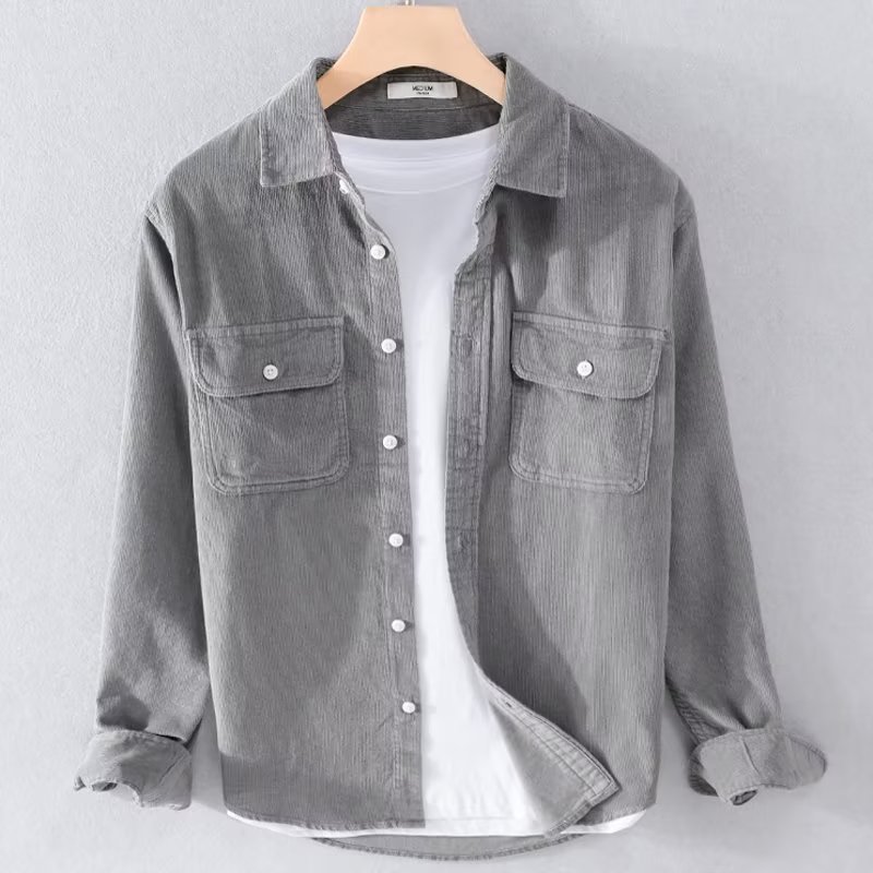 Corduroy Button Up Shirt Men - Erkekler için Düz Renk, Uzun Kollu,